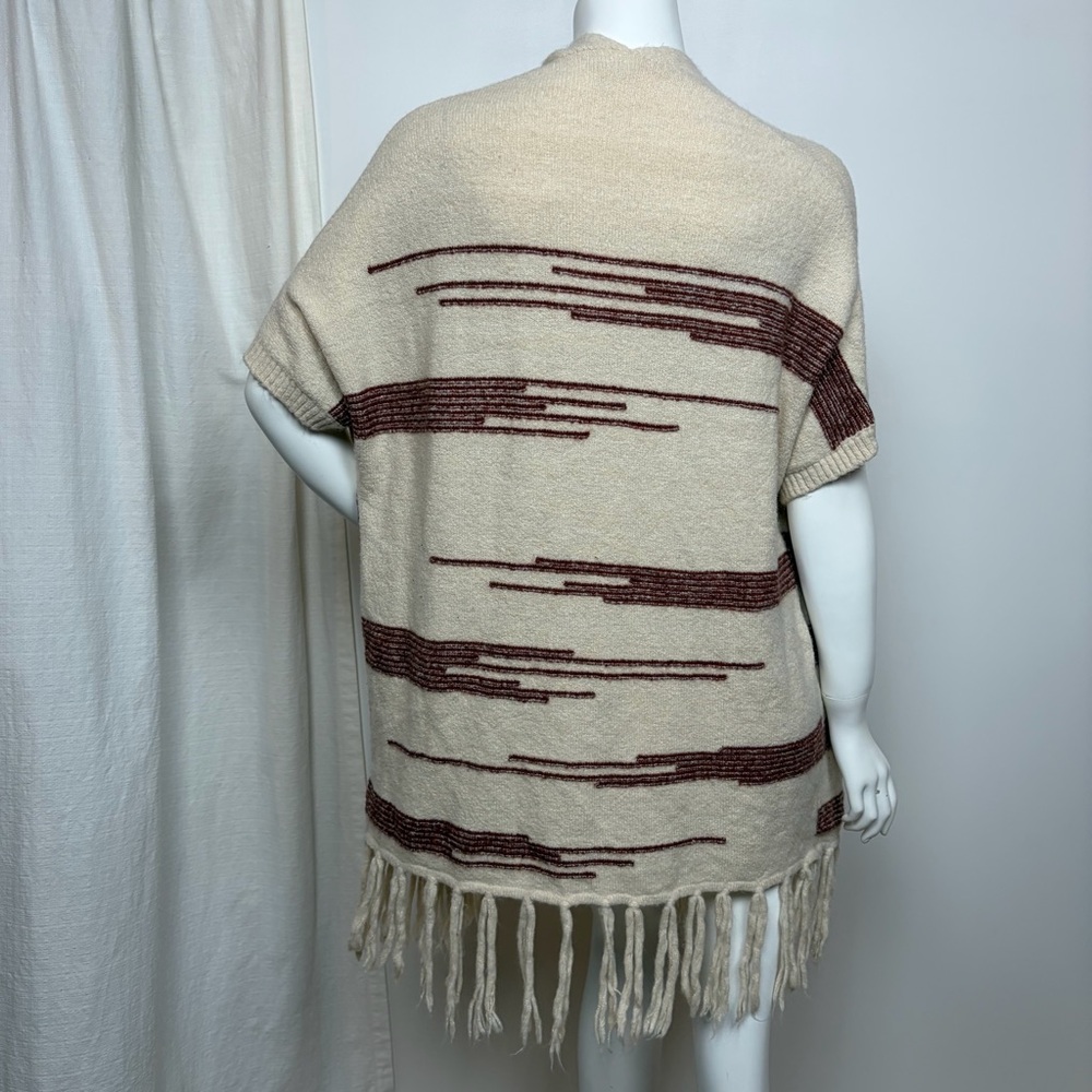Anthropologie Cream Fringe Open-Front Poncho with Brown Geometric Accents - Picture 5 of 7